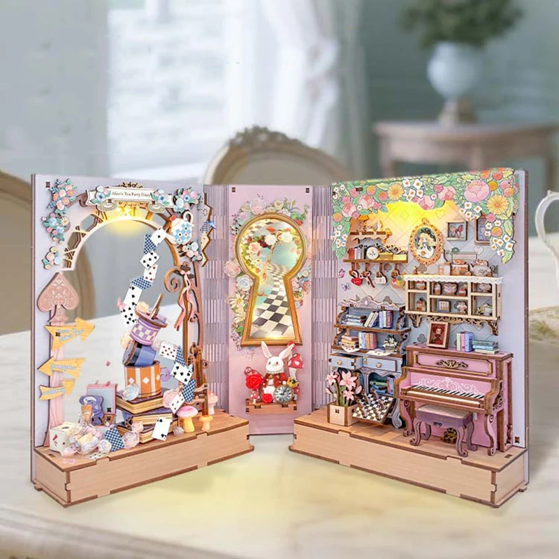 Diy Wooden Book Nook Kit Shelf Insert - Kit de modelo em miniatura para
